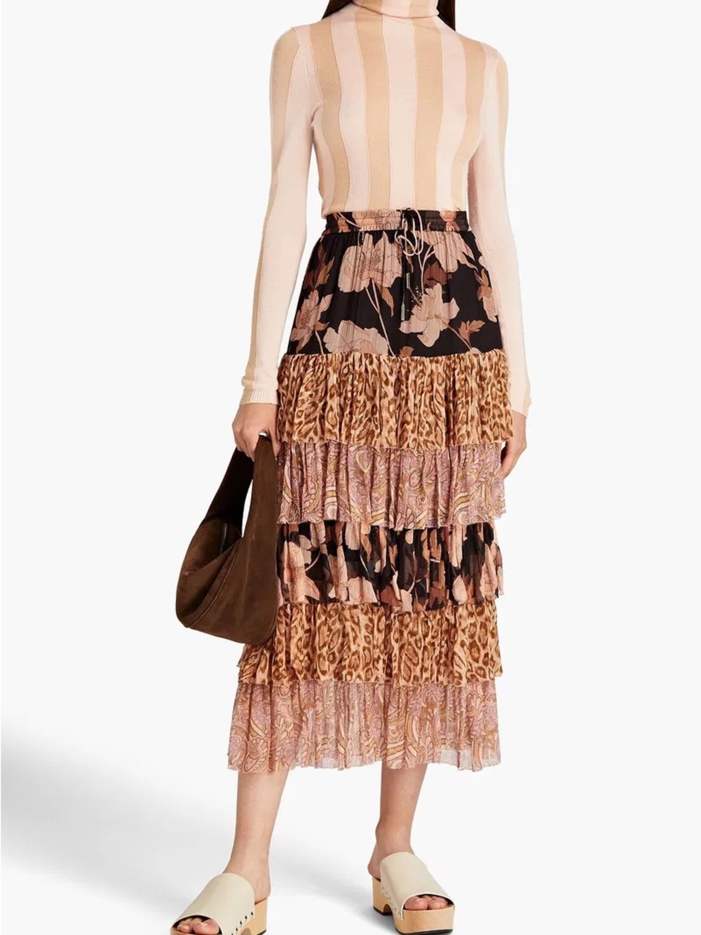 Zimmermann Tiered Mixed-Print Maxi Skirt in Brown and Tan